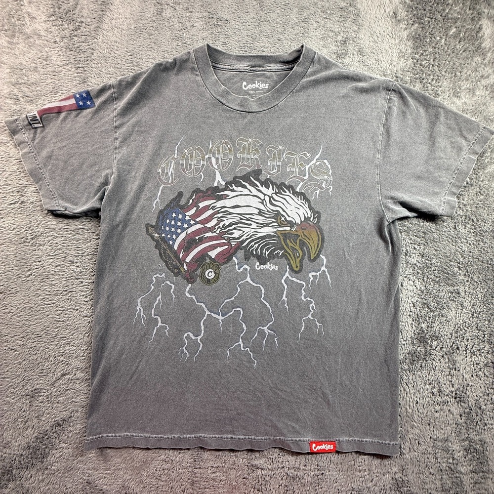 Cookies Thunder Eagle America USA Shirt Mens L Gray Short Sleeve Double Sided